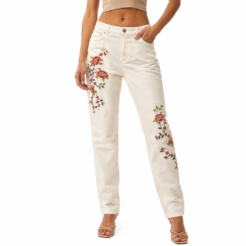 DG2 By Diane Gilman Virtual Stretch Pants Women Size 10 White Floral Embroidered